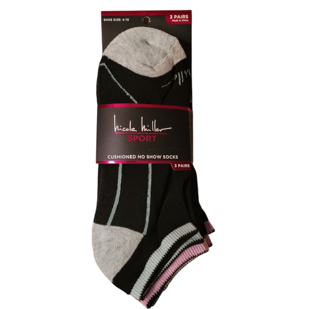 Nicole Miller No Show Socks Black Mint Pink Purple Set of 3 NWT Size 4 to 10